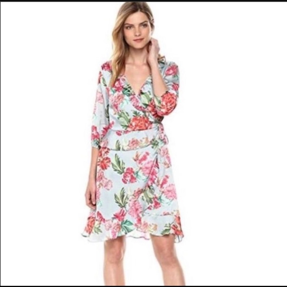 NWOT Ella Moon Blue Pink Ruffle Floral Wrap Dress